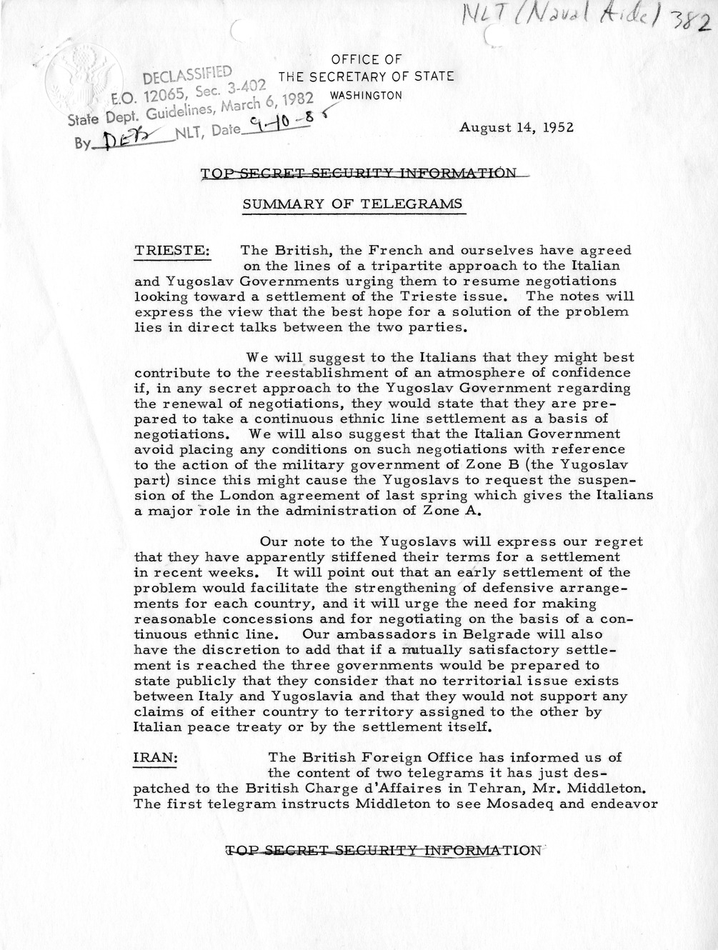 Memorandum, State Department Summary of Telegrams