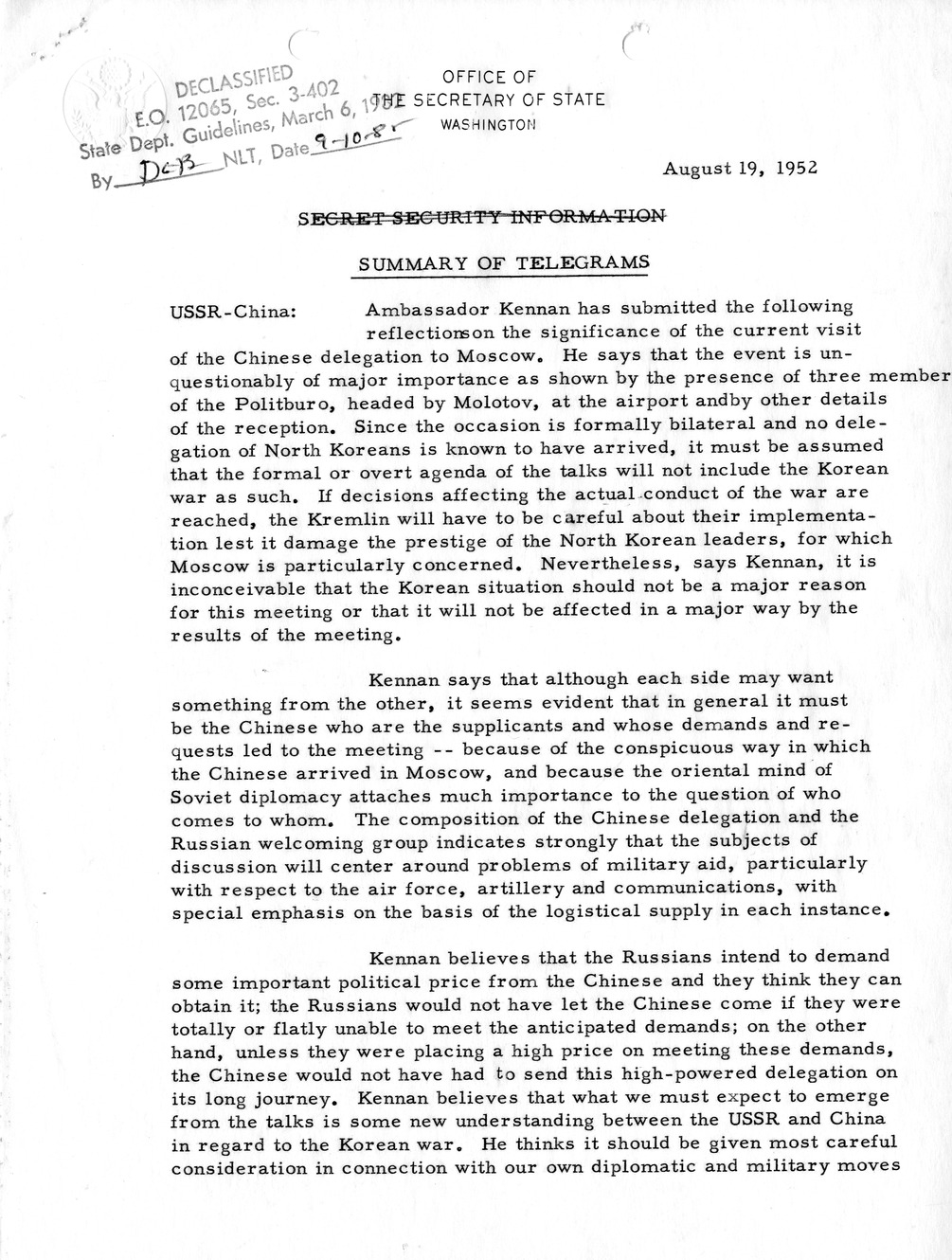 Memorandum, State Department Summary of Telegrams
