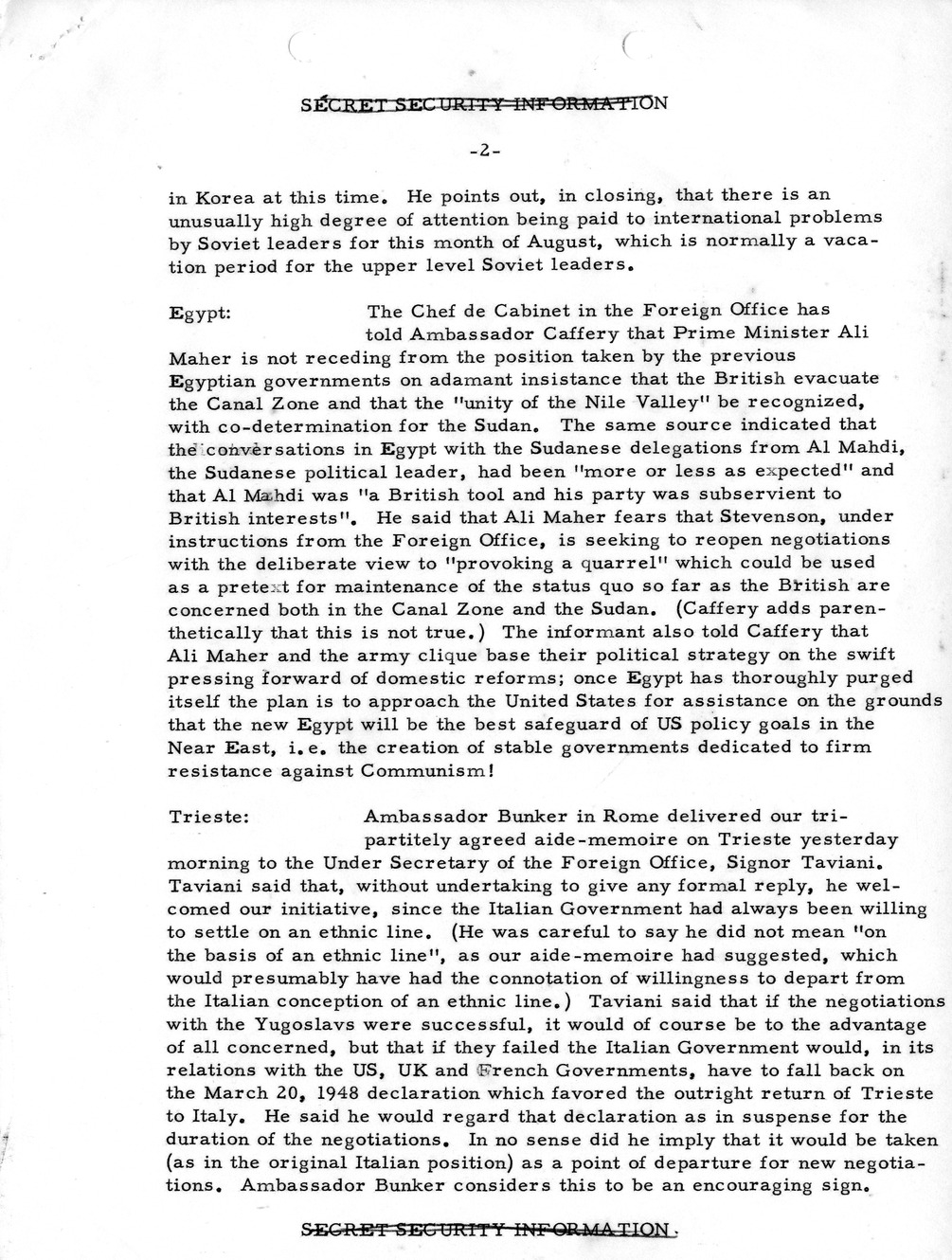 Memorandum, State Department Summary of Telegrams