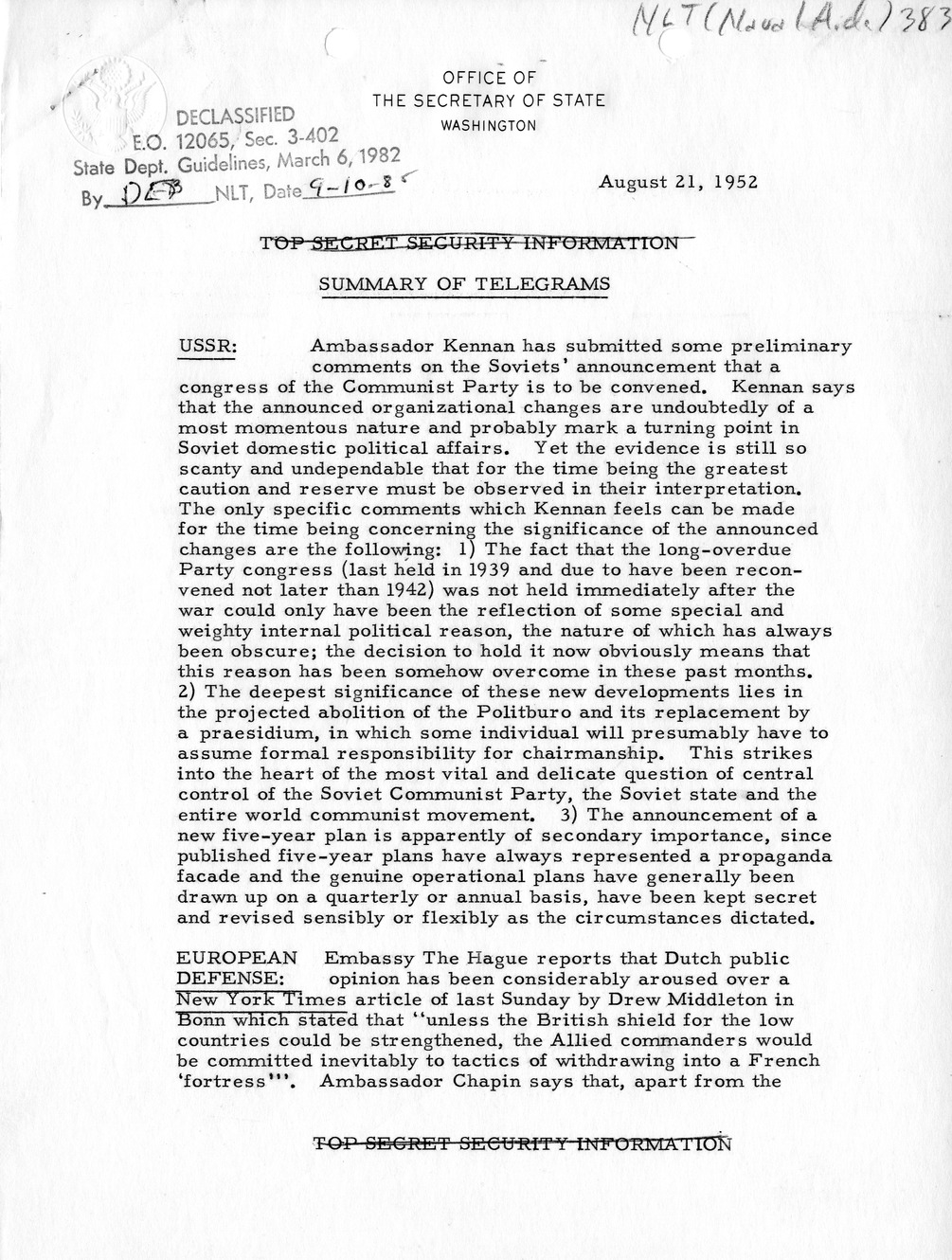 Memorandum, State Department Summary of Telegrams