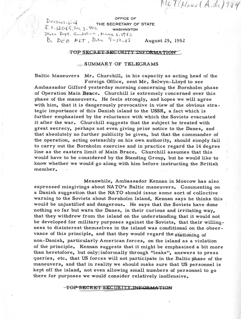 Memorandum, State Department Summary of Telegrams