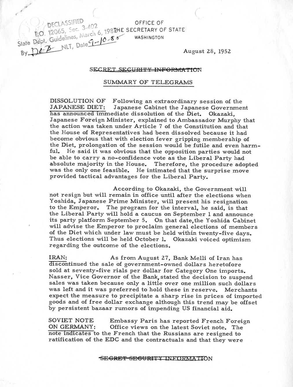 Memorandum, State Department Summary of Telegrams
