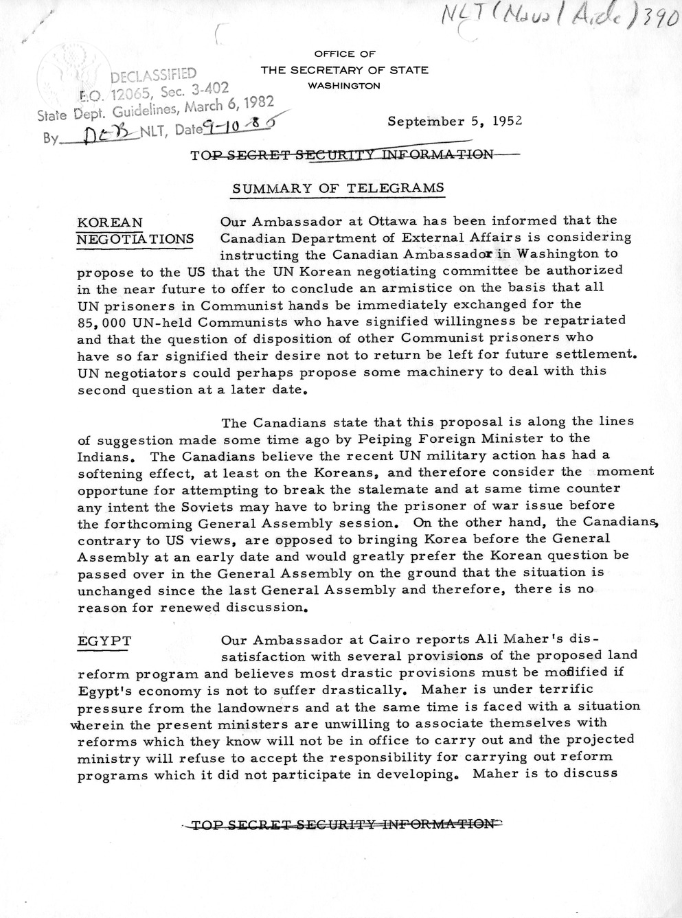 Memorandum, State Department Summary of Telegrams