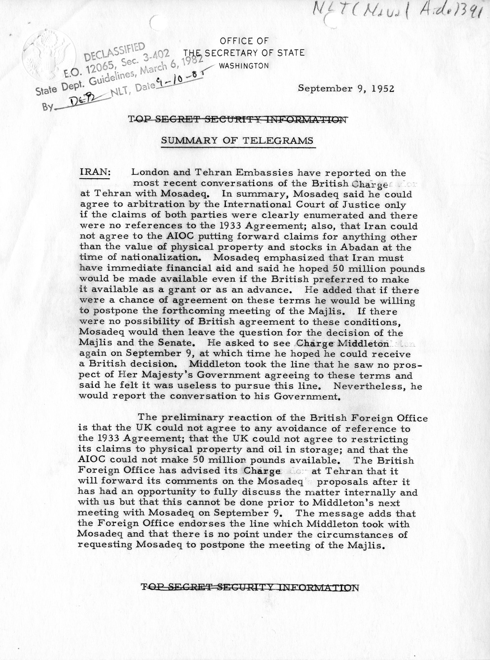 Memorandum, State Department Summary of Telegrams