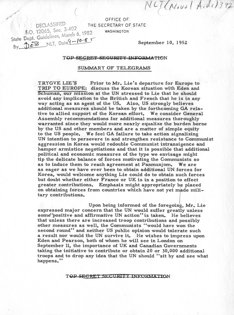 Memorandum, State Department Summary of Telegrams