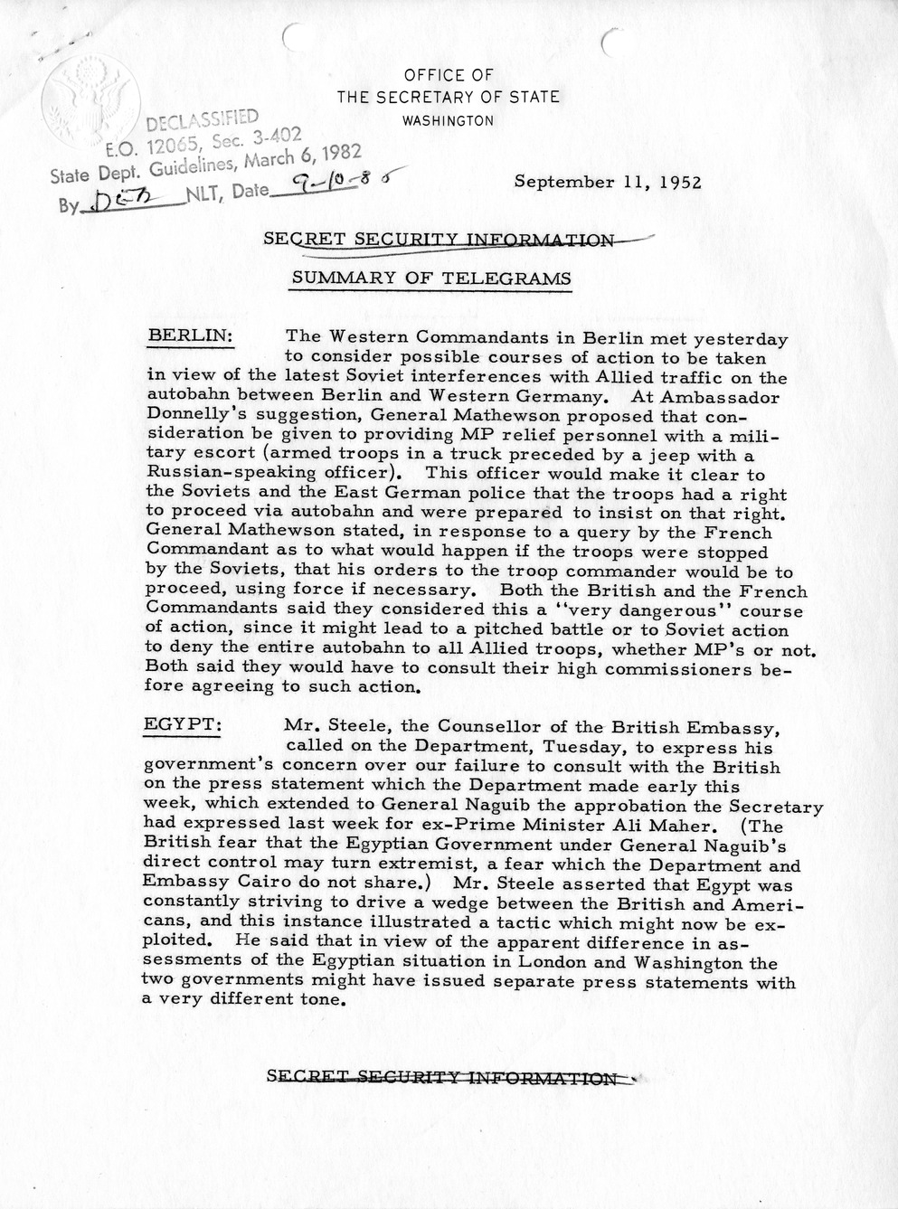 Memorandum, State Department Summary of Telegrams