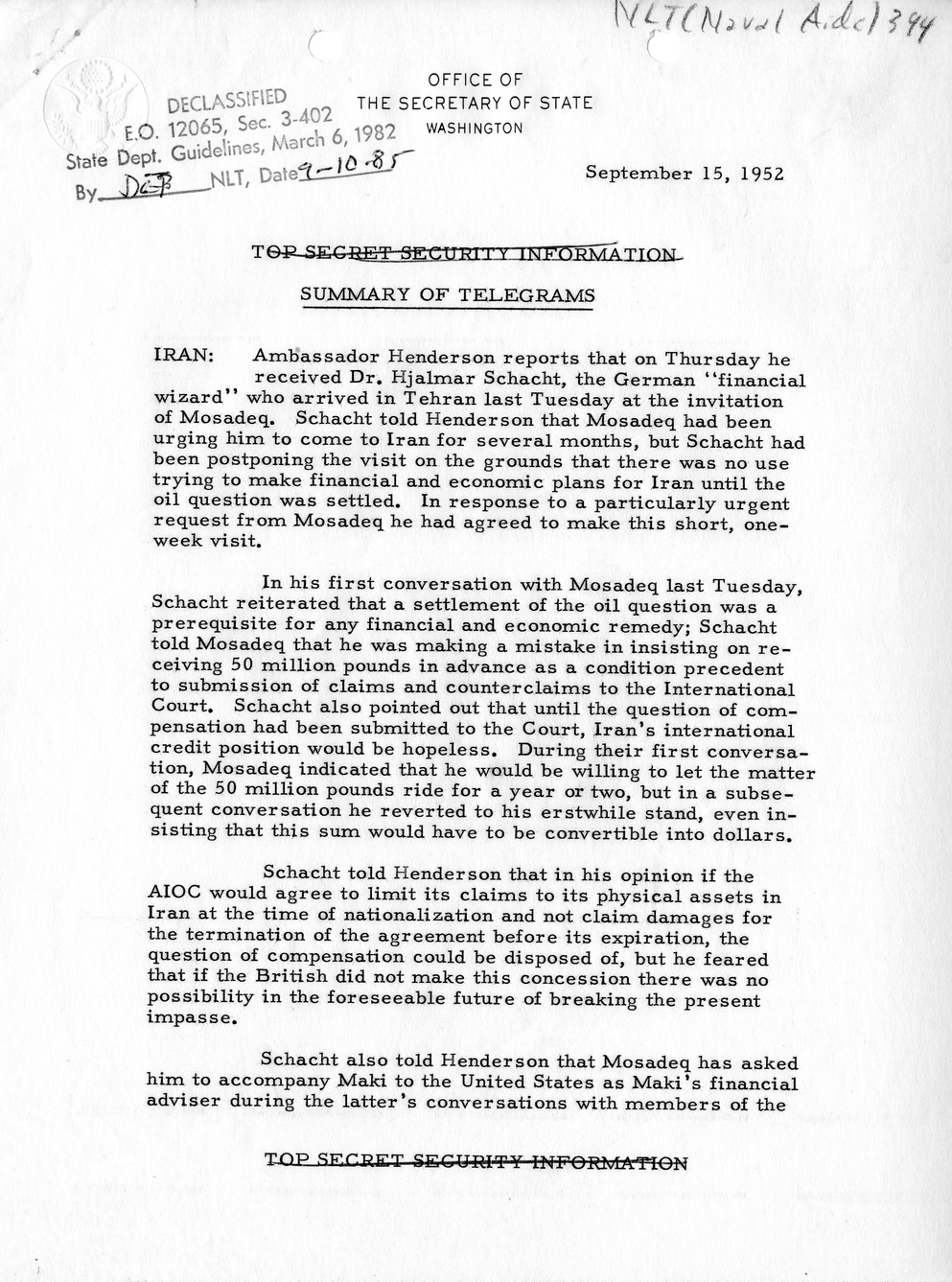 Memorandum, State Department Summary of Telegrams