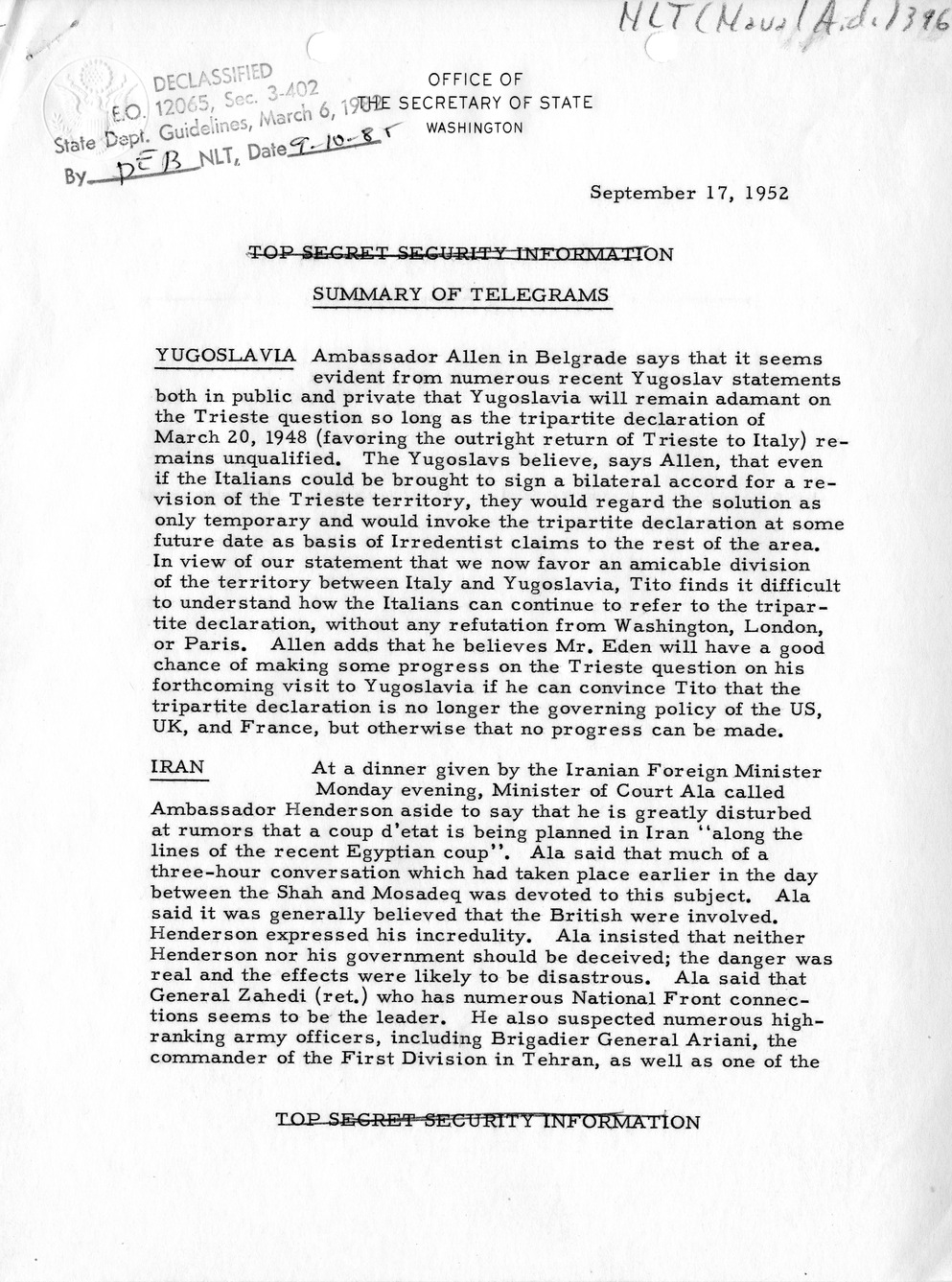 Memorandum, State Department Summary of Telegrams