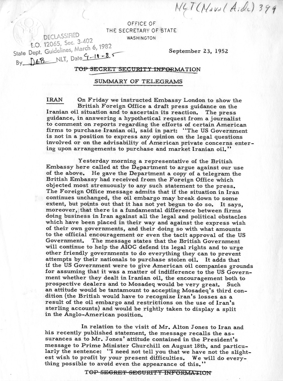 Memorandum, State Department Summary of Telegrams