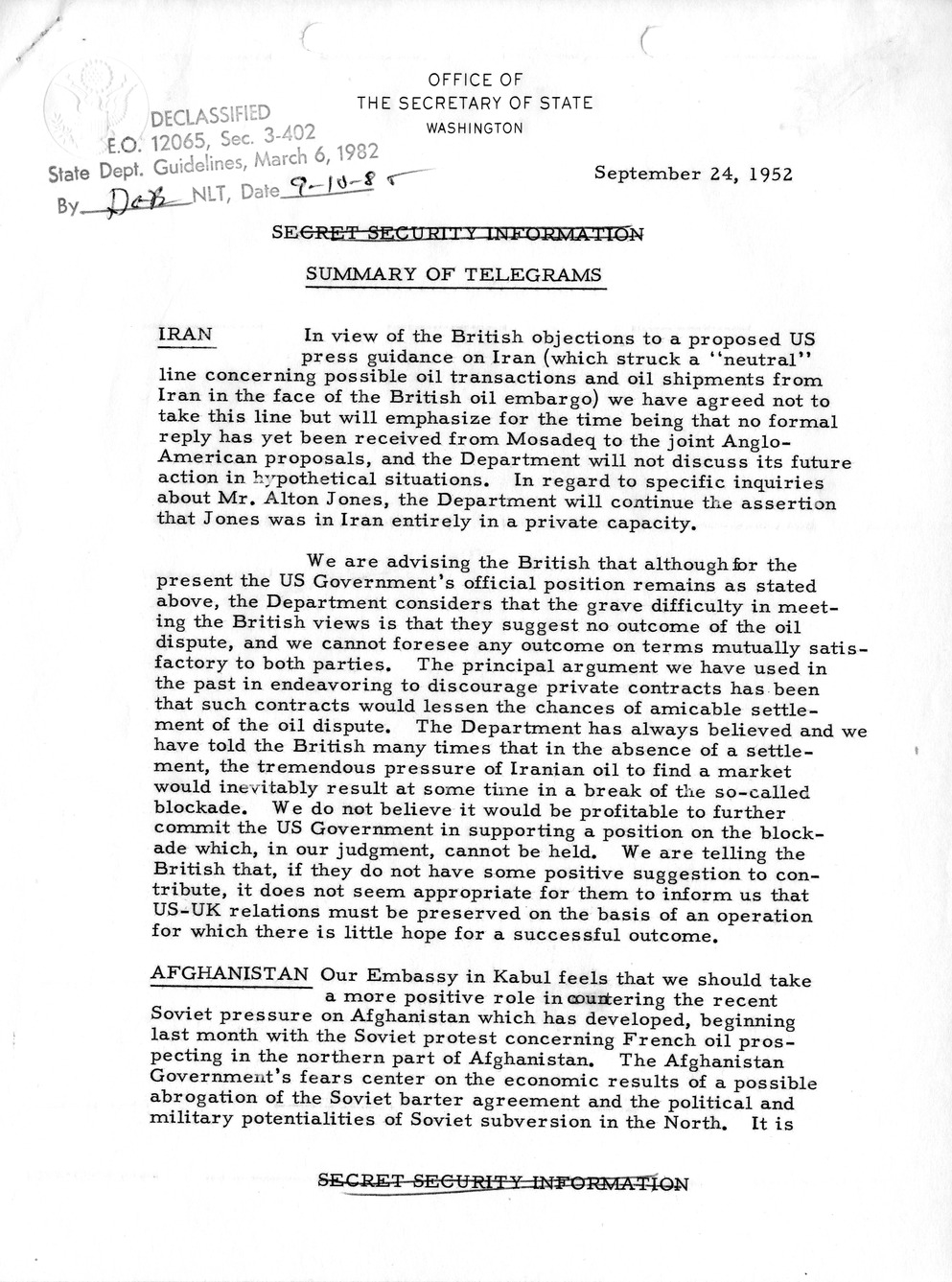 Memorandum, State Department Summary of Telegrams