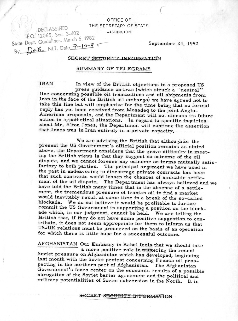 Memorandum, State Department Summary of Telegrams