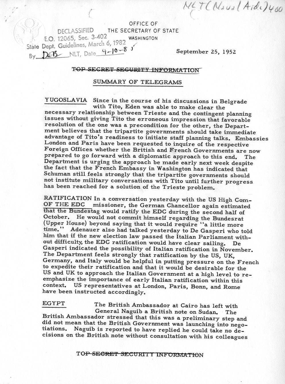 Memorandum, State Department Summary of Telegrams