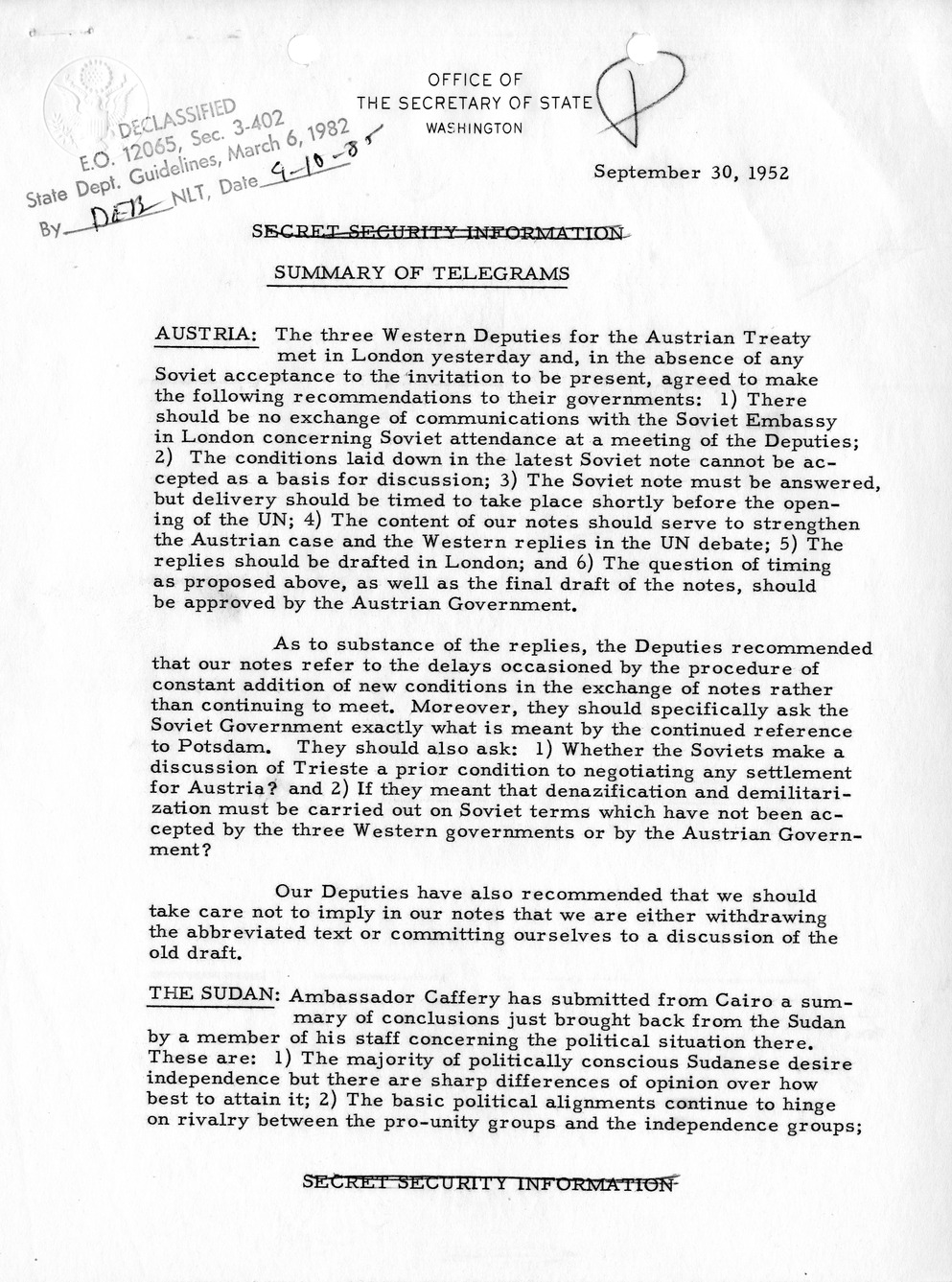 Memorandum, State Department Summary of Telegrams