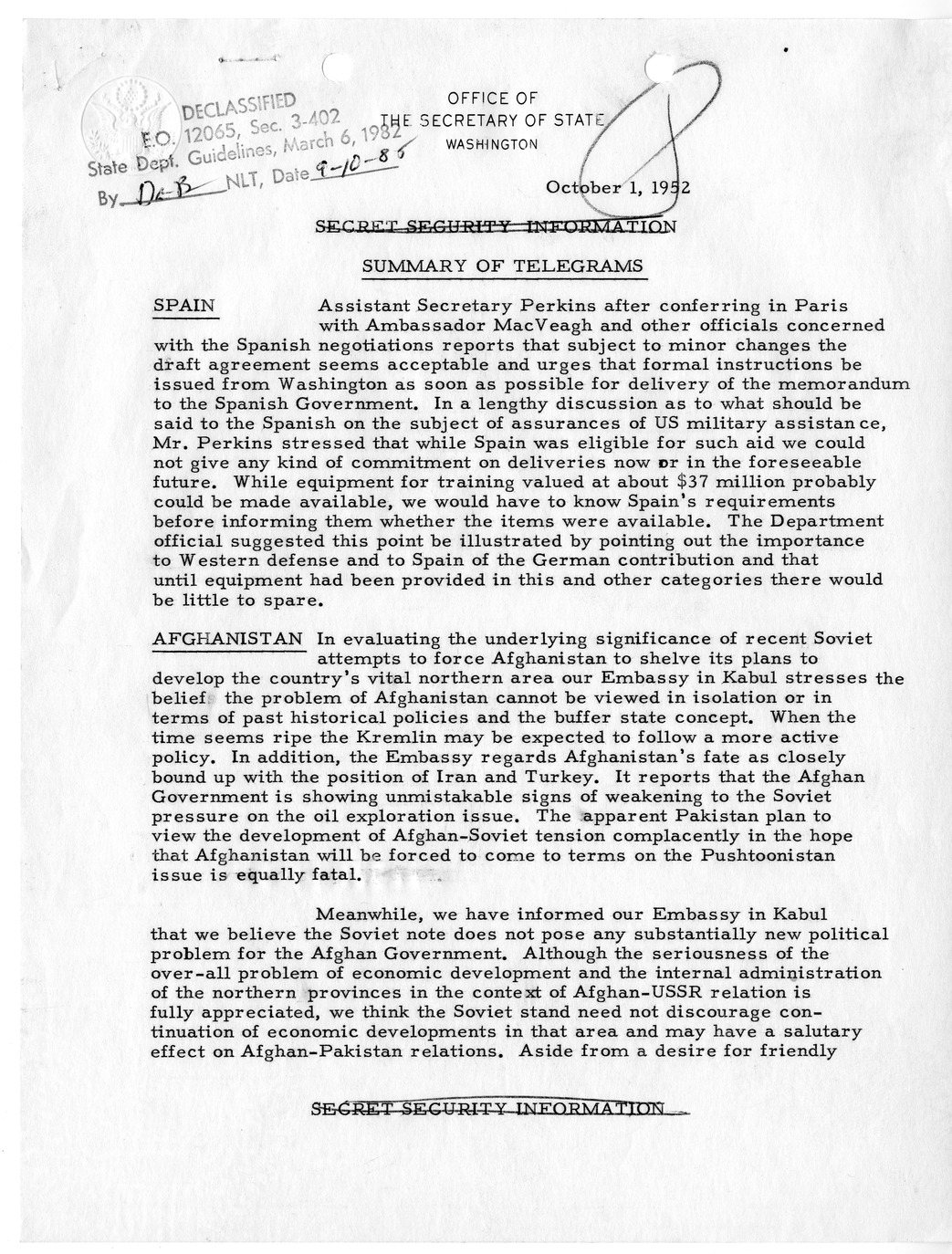 Memorandum, State Department Summary of Telegrams