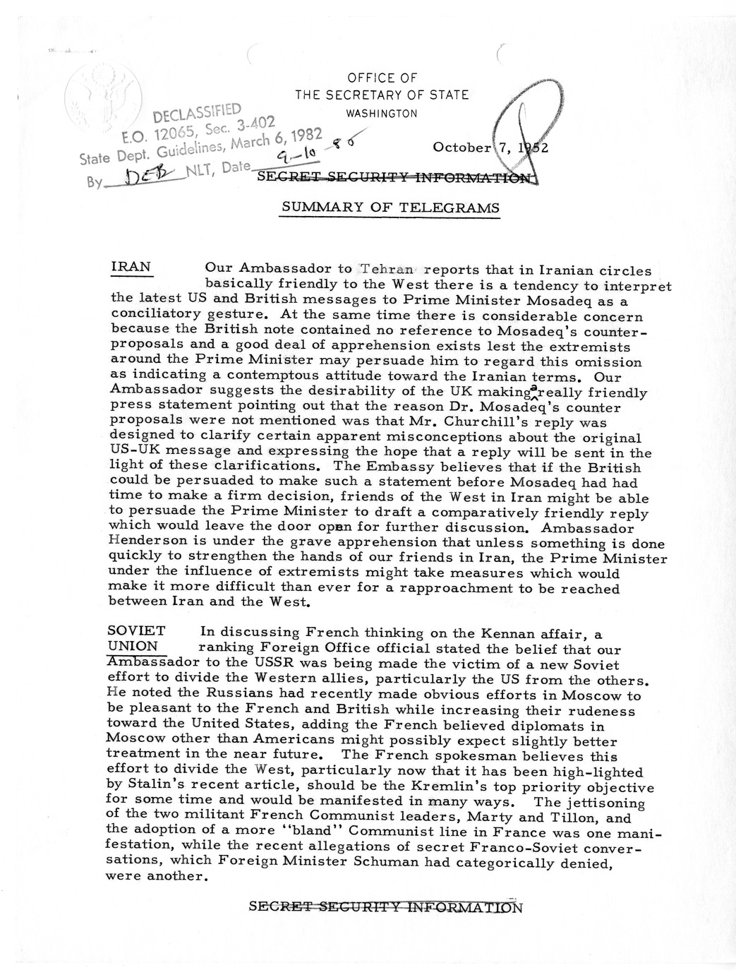 Memorandum, State Department Summary of Telegrams