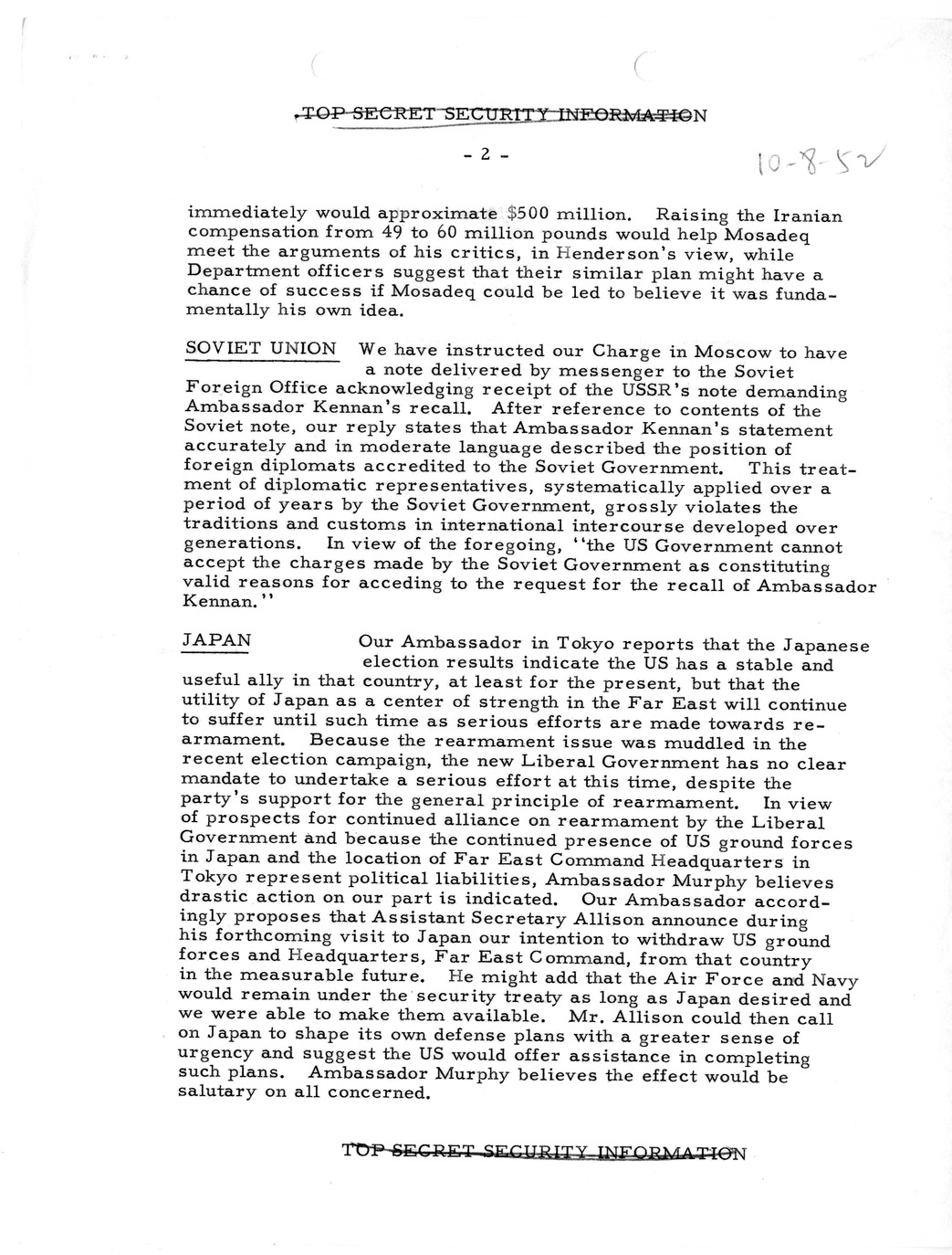 Memorandum, Department of State Summary of Telegrams