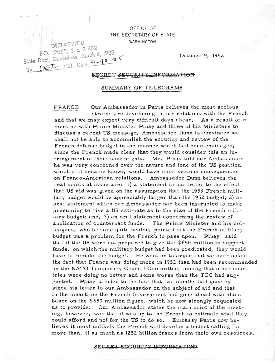 Memorandum, State Department Summary of Telegrams