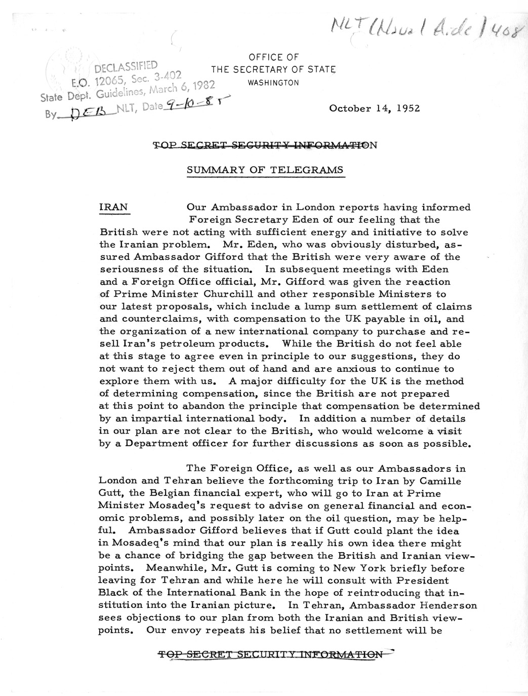 Memorandum, State Department Summary of Telegrams