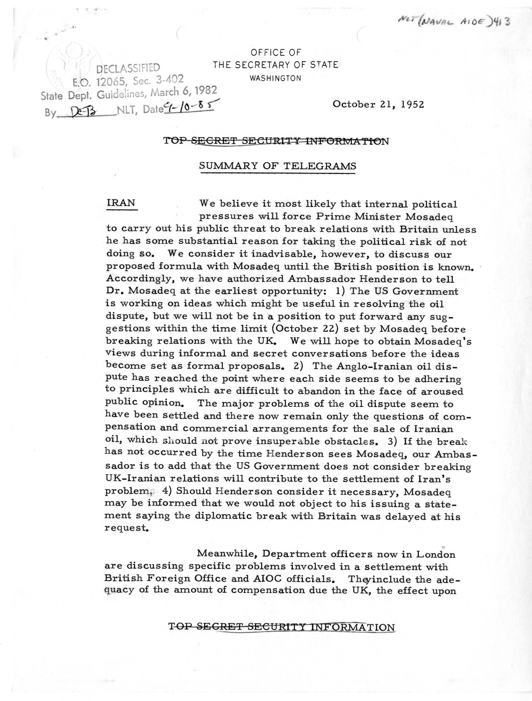 Memorandum, State Department Summary of Telegrams