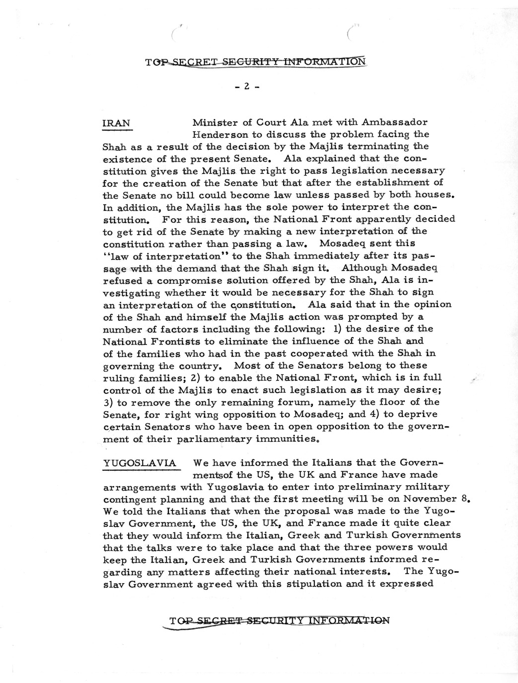 Memorandum, State Department Summary of Telegrams