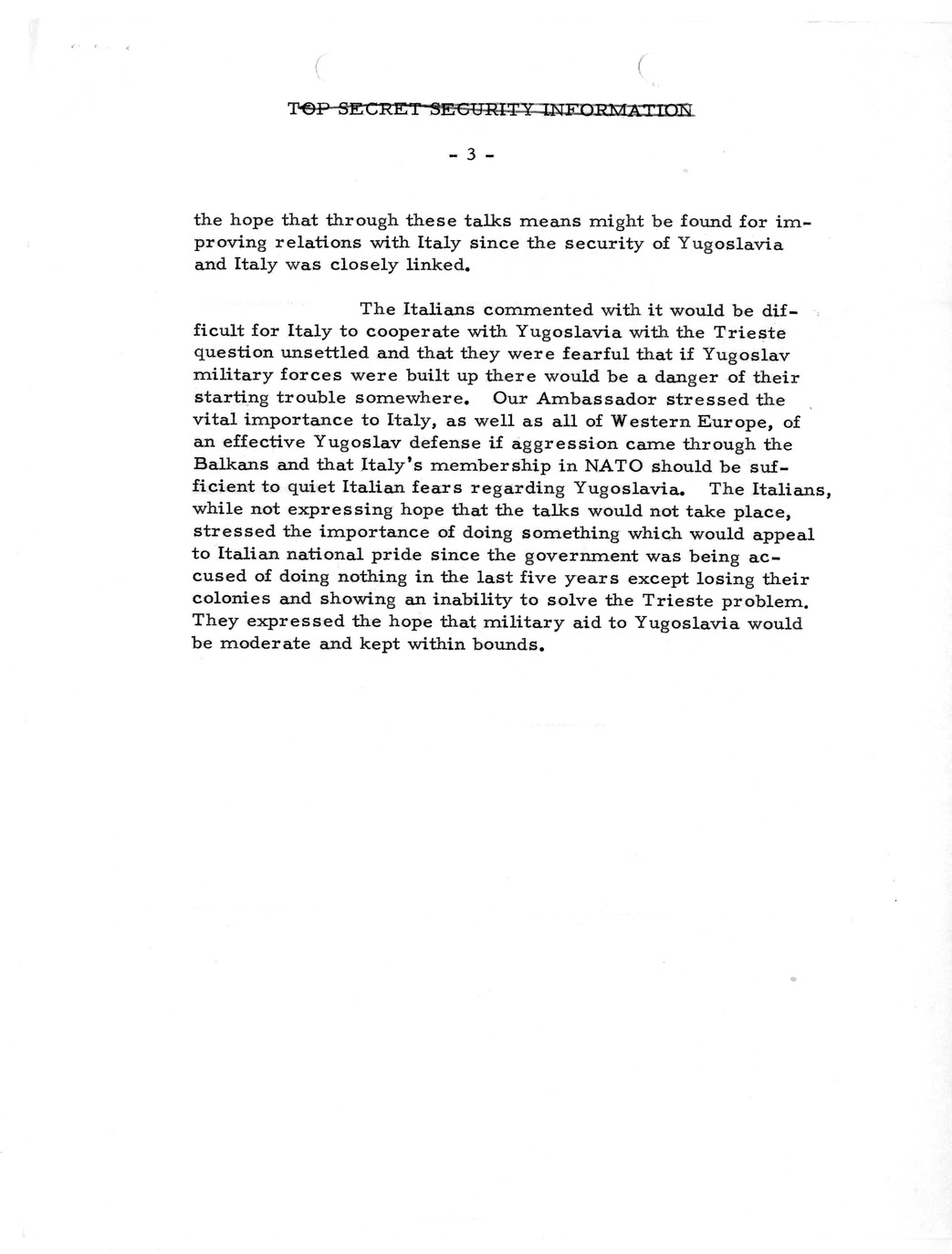 Memorandum, State Department Summary of Telegrams