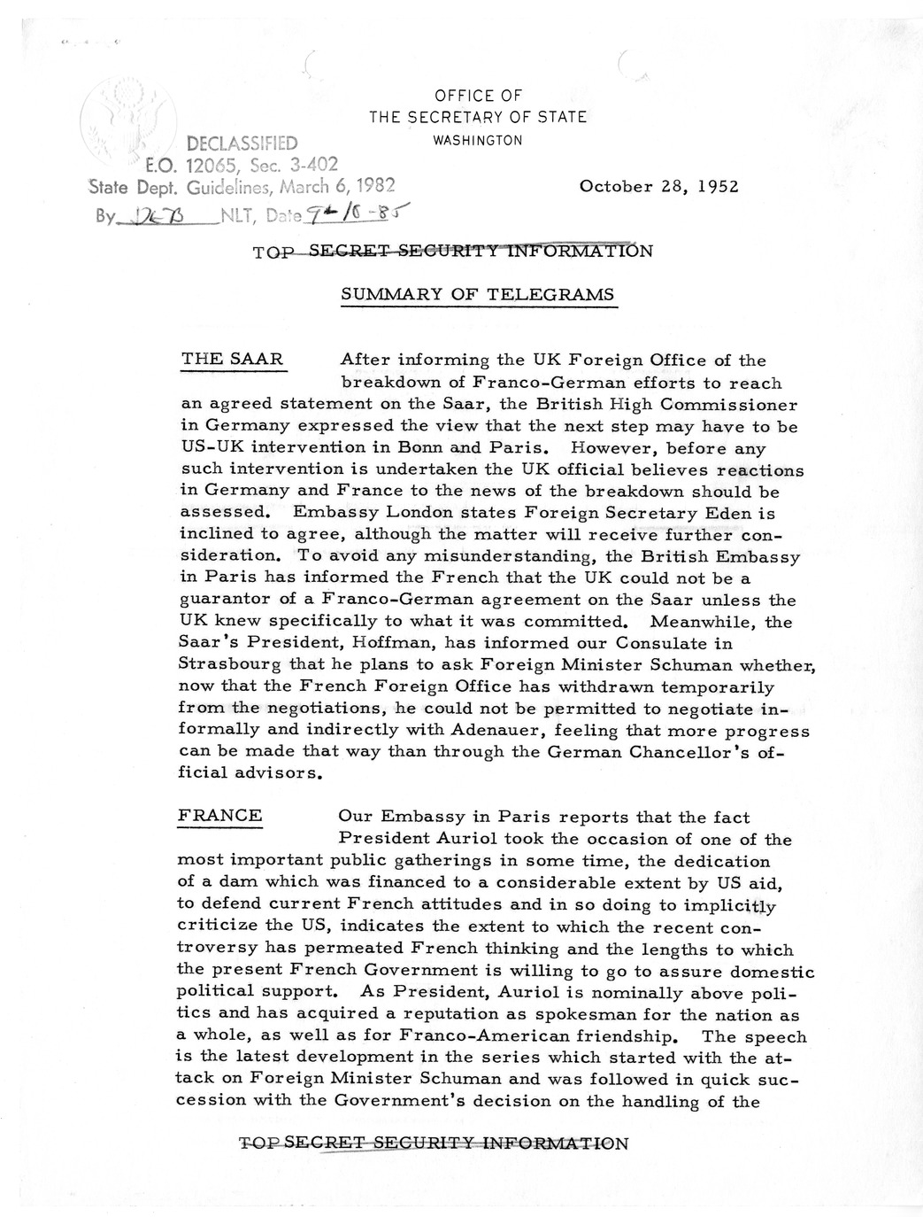 Memorandum, State Department Summary of Telegrams