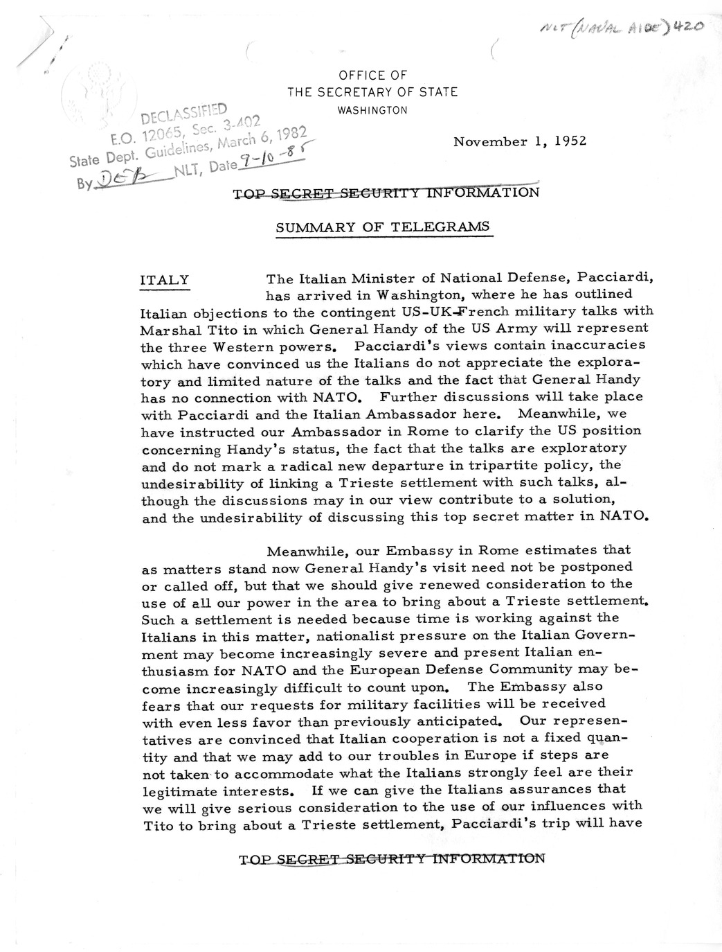 Memorandum, State Department Summary of Telegrams