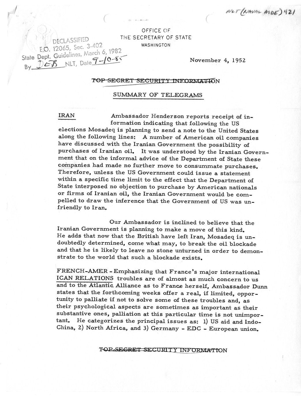 Memorandum, State Department Summary of Telegrams