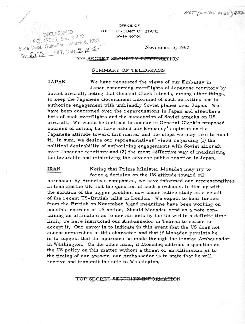 Memorandum, State Department Summary of Telegrams
