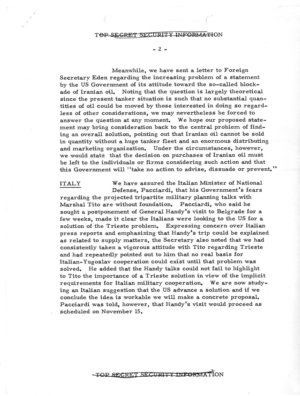Memorandum, State Department Summary of Telegrams