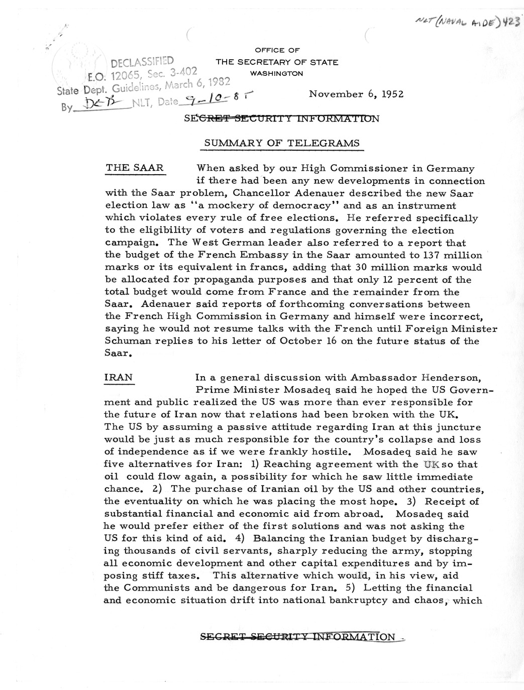 Memorandum, State Department Summary of Telegrams