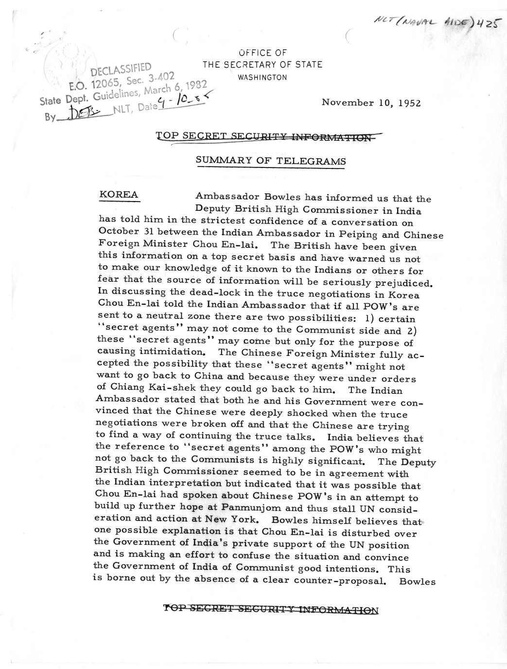 Memorandum, State Department Summary of Telegrams