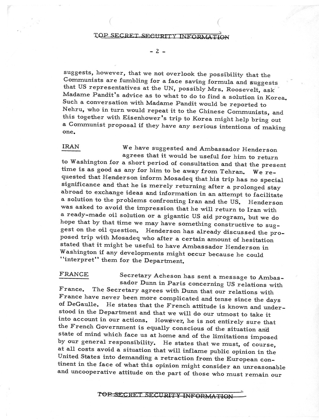 Memorandum, State Department Summary of Telegrams