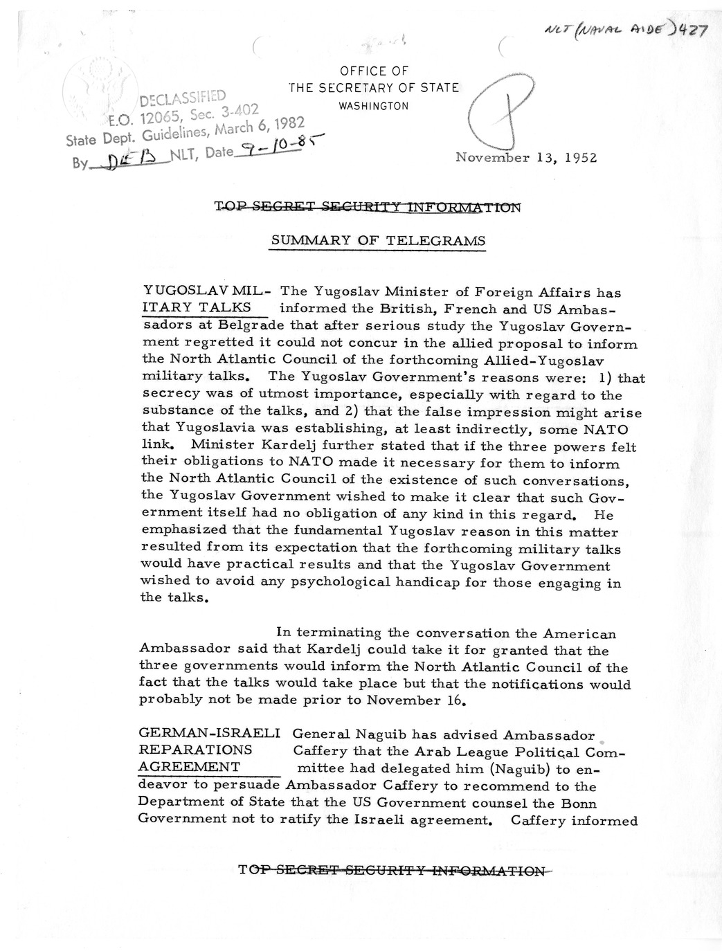 Memorandum, State Department Summary of Telegrams