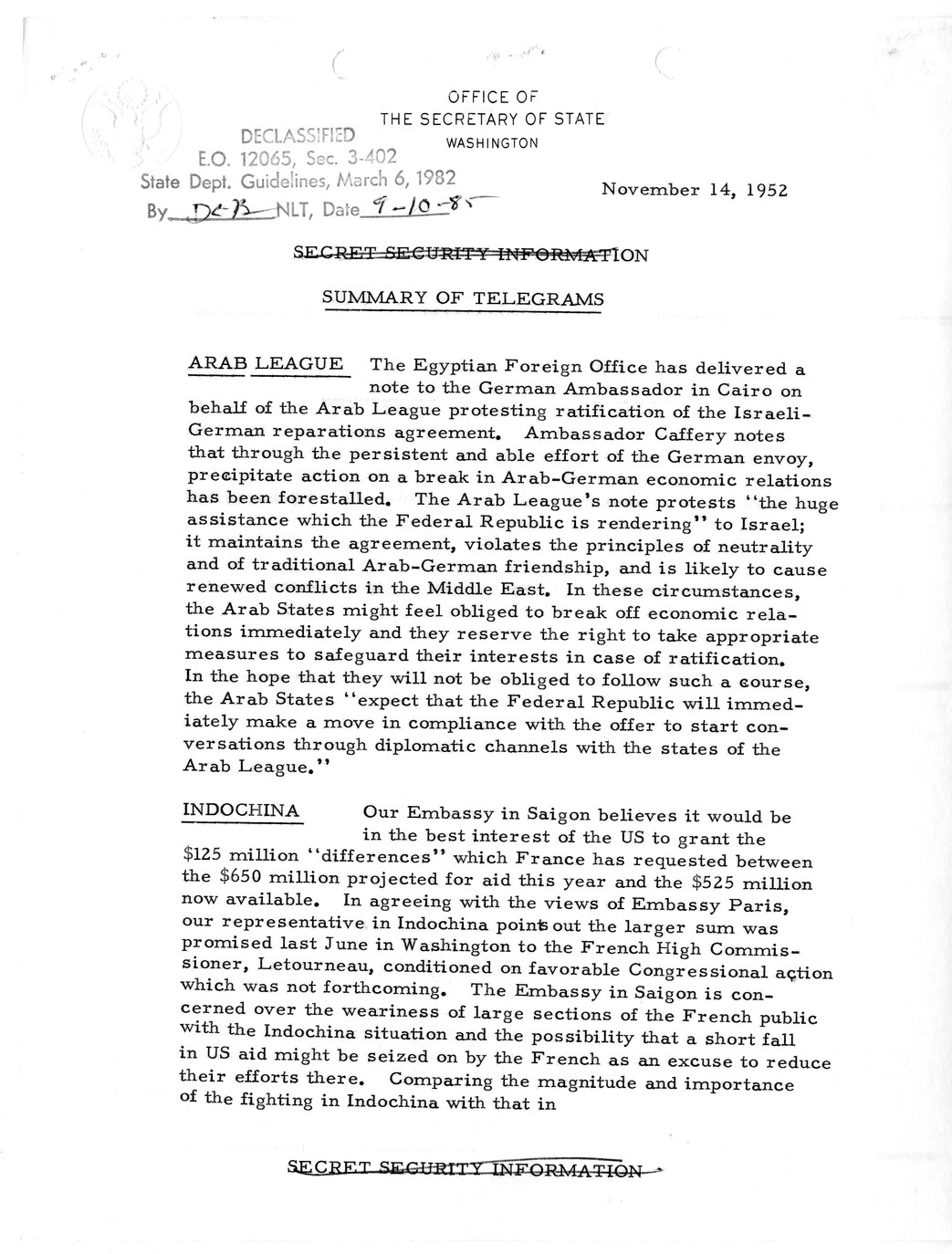 Memorandum, State Department Summary of Telegrams