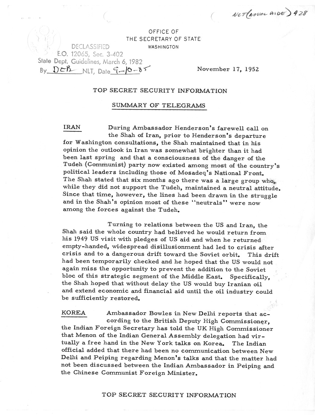 Memorandum, State Department Summary of Telegrams