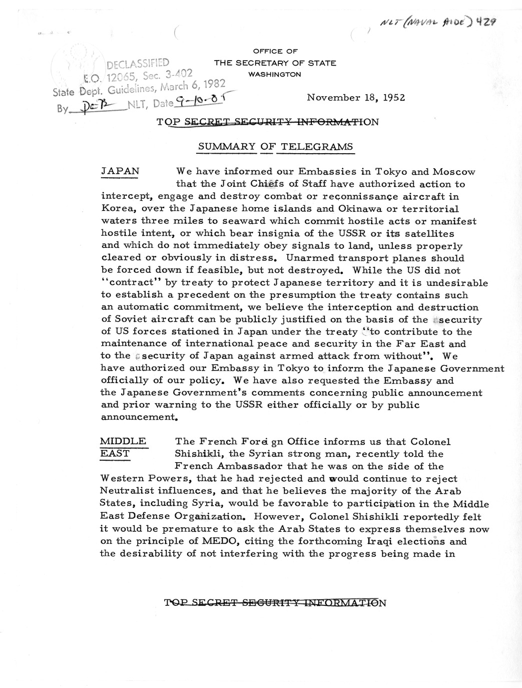 Memorandum, State Department Summary of Telegrams
