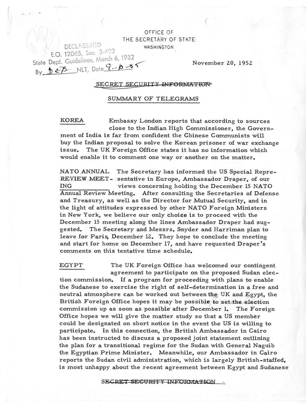 Memorandum, State Department Summary of Telegrams