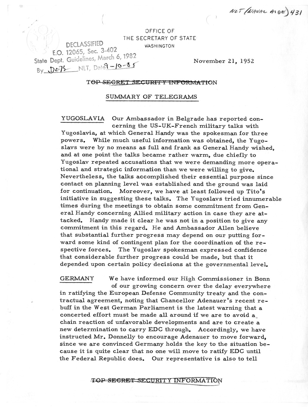 Memorandum, State Department Summary of Telegrams