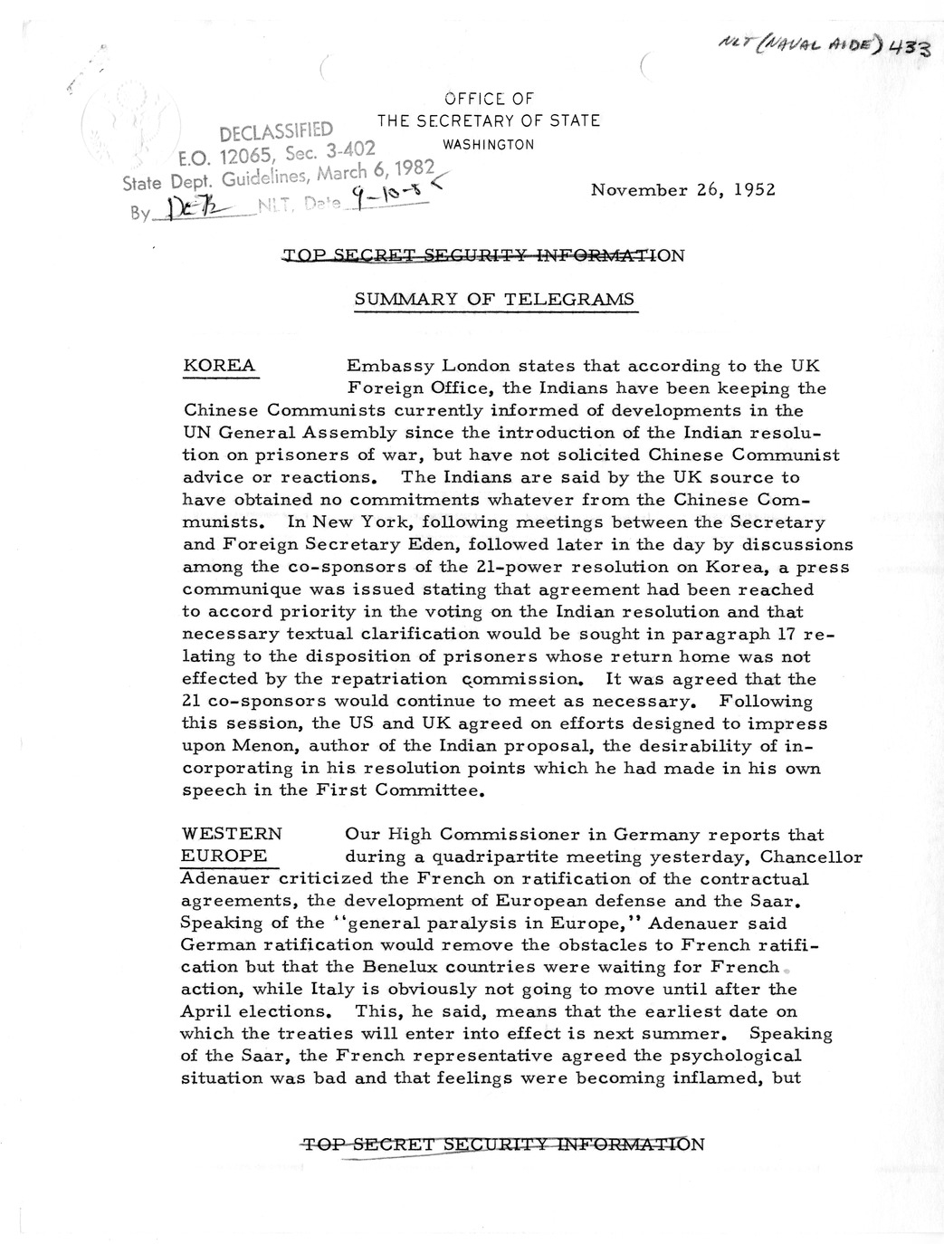 Memorandum, State Department Summary of Telegrams