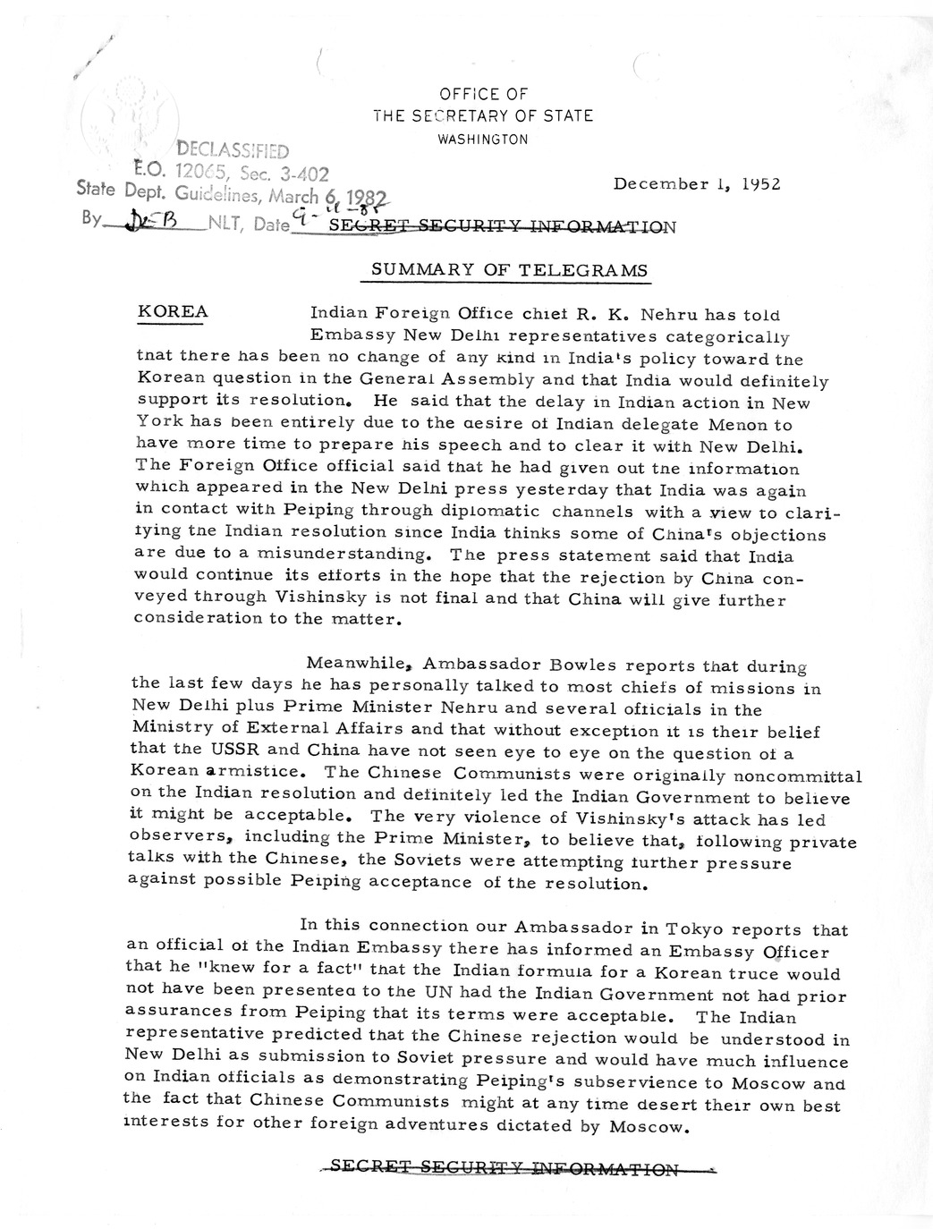 Memorandum, State Department Summary of Telegrams