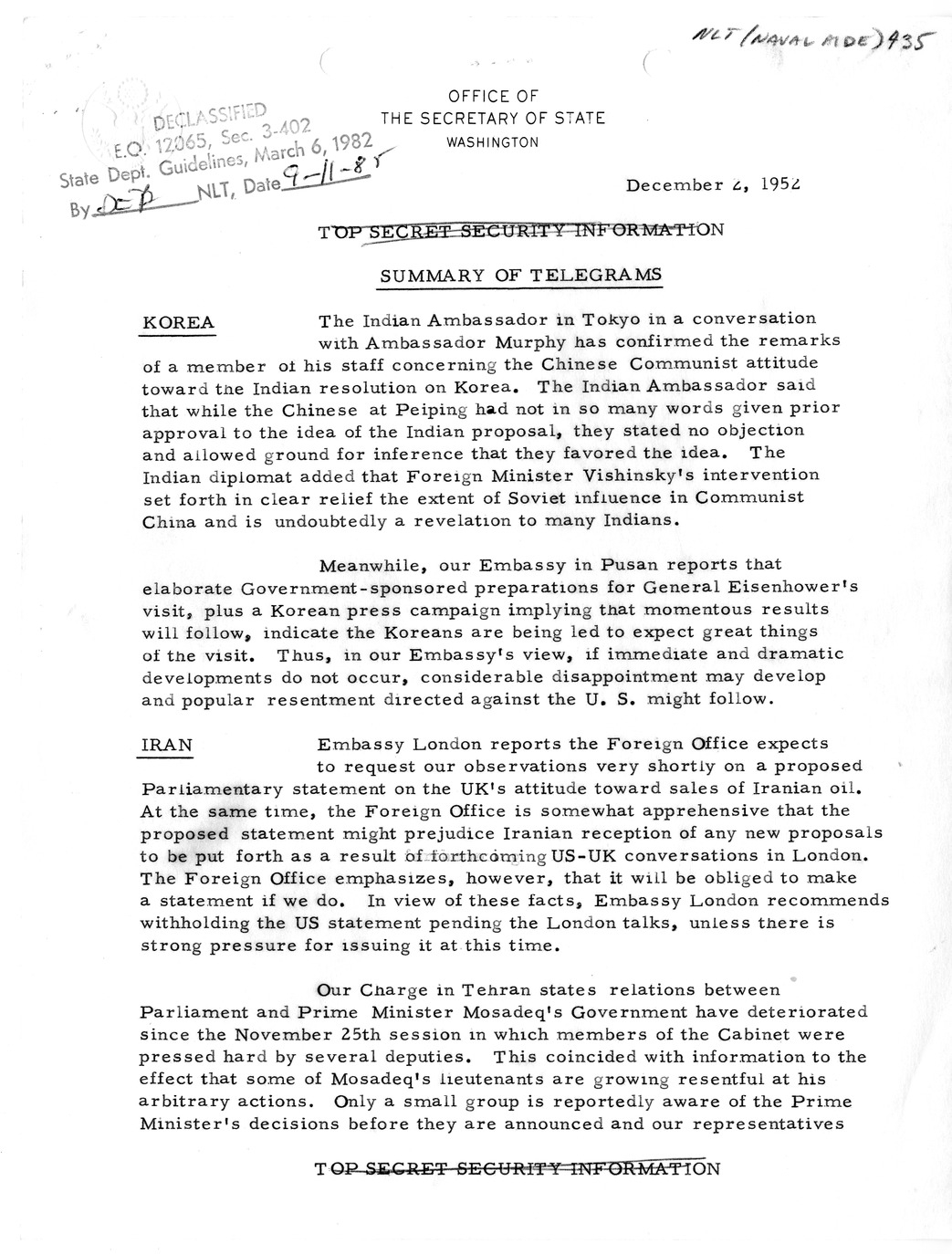 Memorandum, State Department Summary of Telegrams