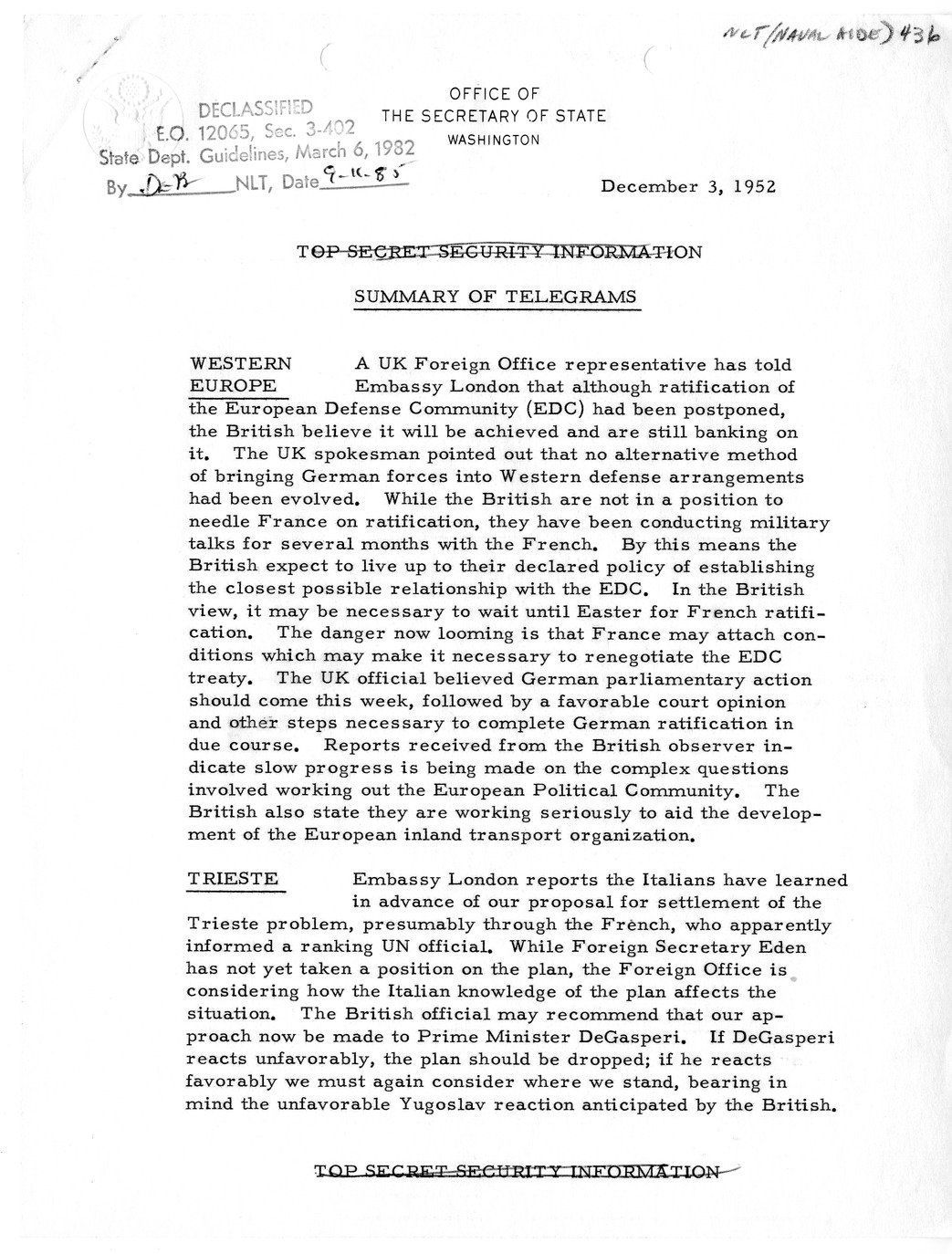 Memorandum, State Department Summary of Telegrams