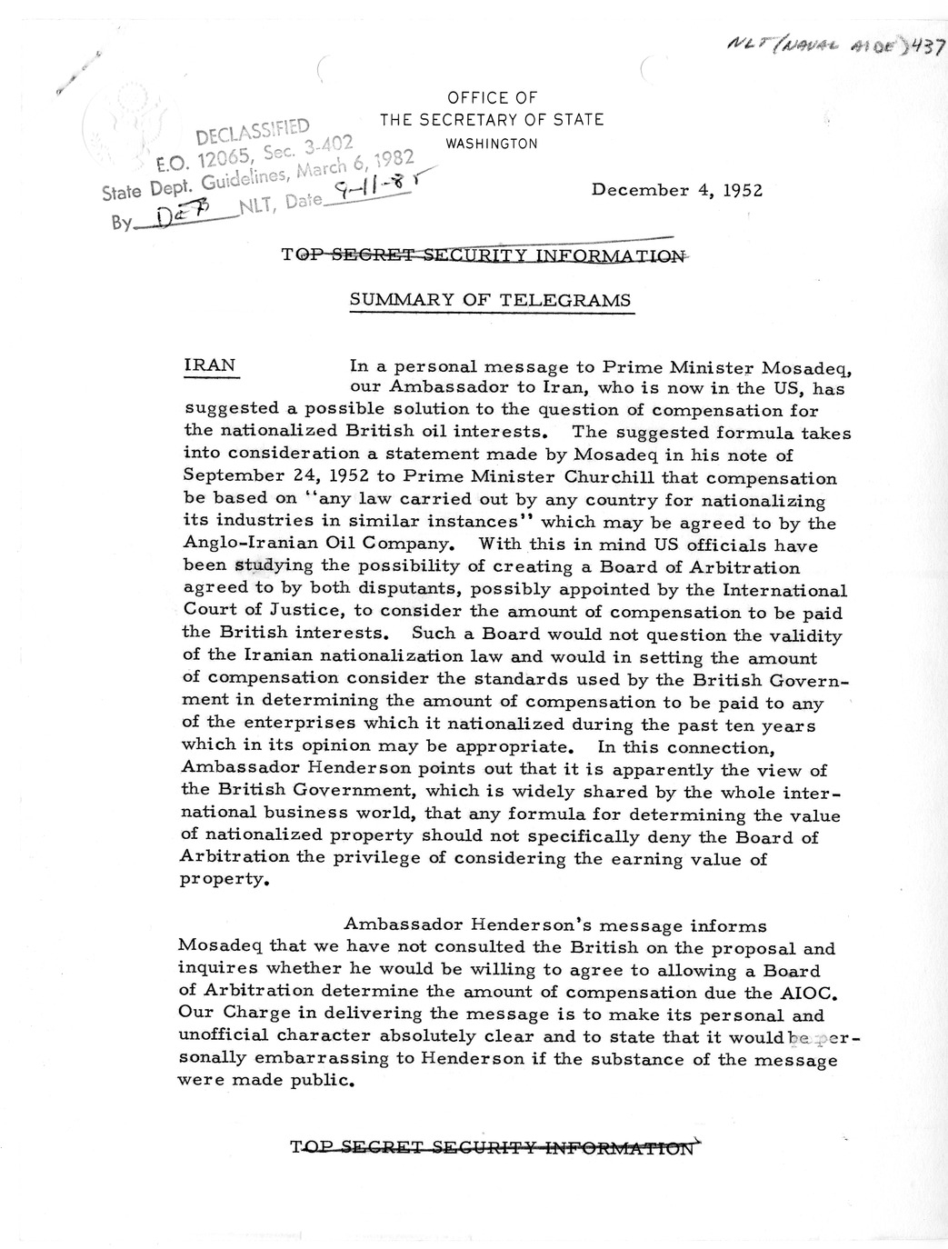Memorandum, State Department Summary of Telegrams