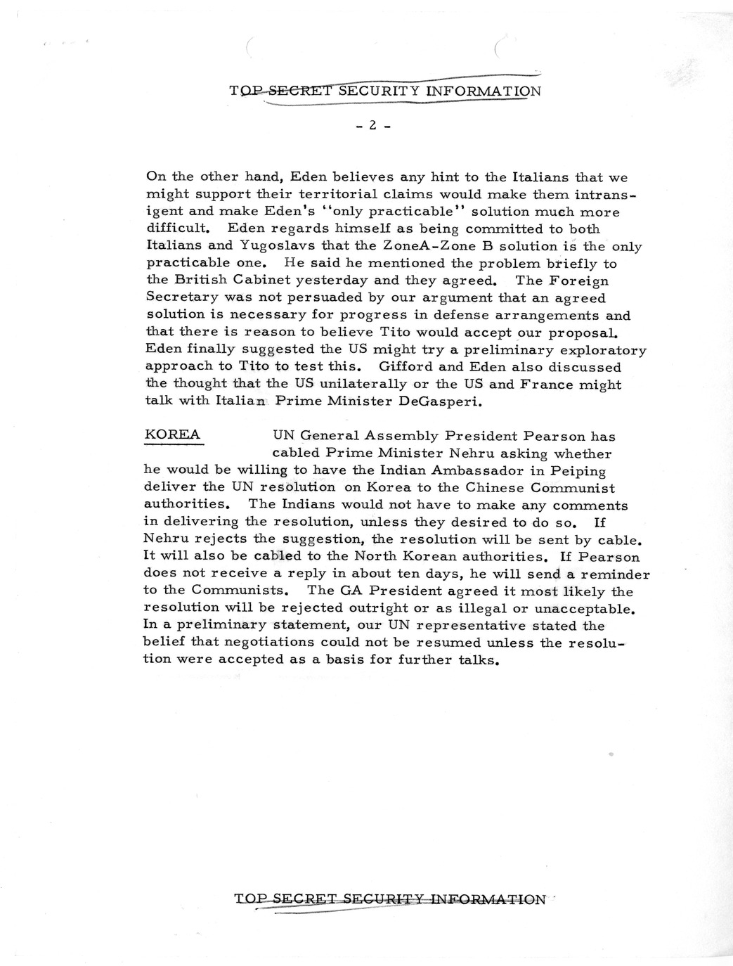 Memorandum, State Department Summary of Telegrams