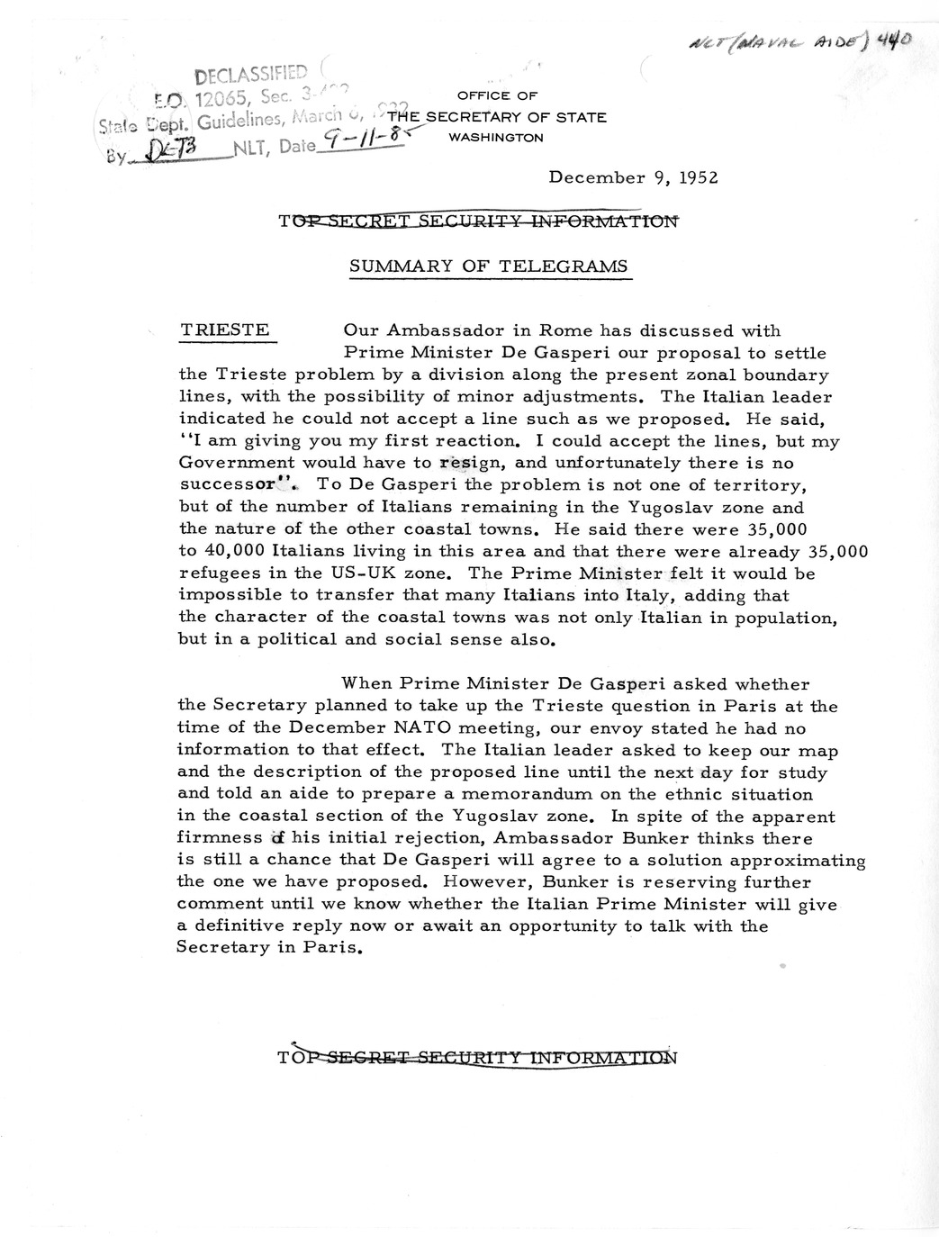 Memorandum, State Department Summary of Telegrams