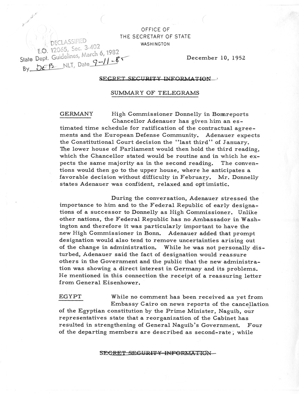 Memorandum, State Department Summary of Telegrams