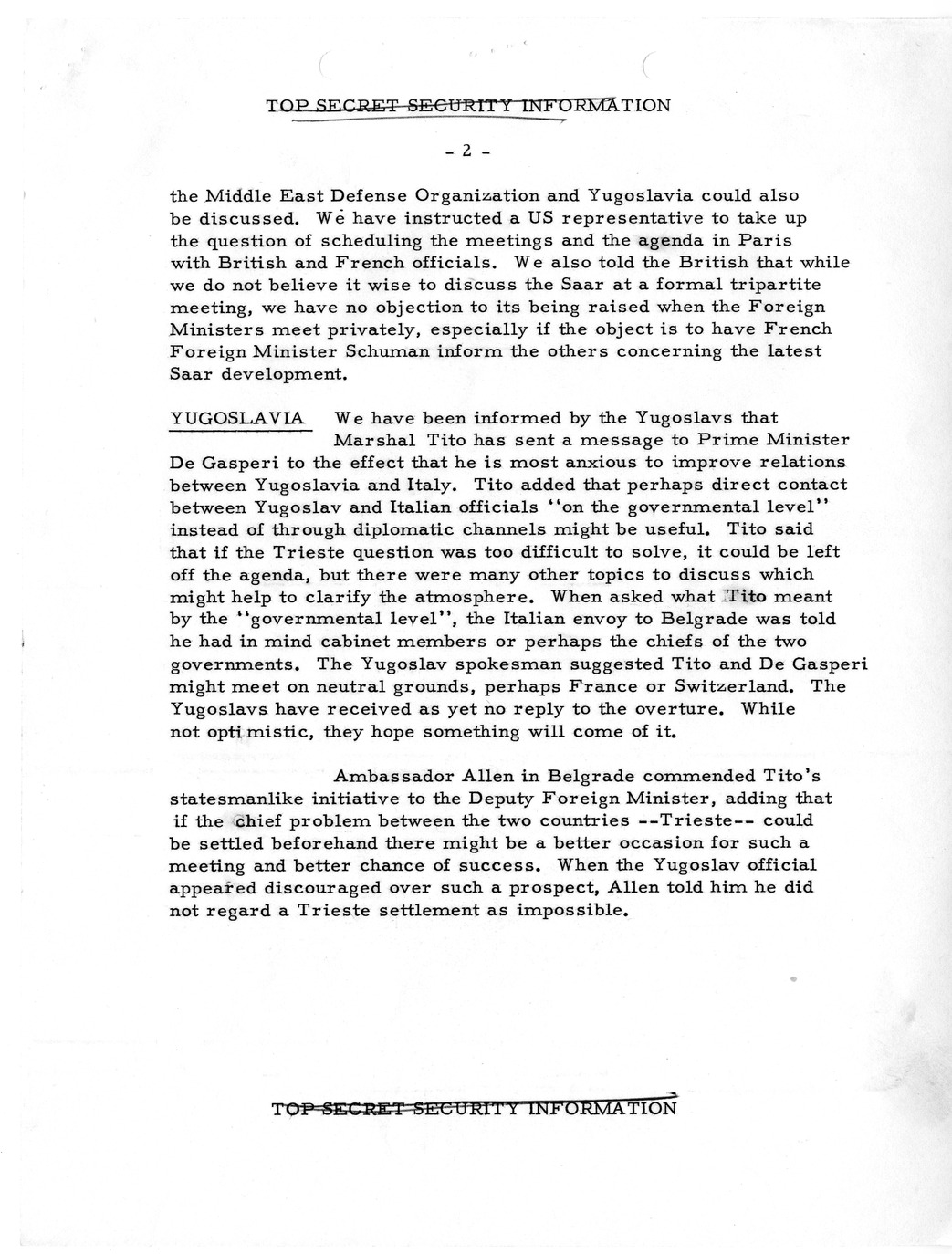 Memorandum, State Department Summary of Telegrams