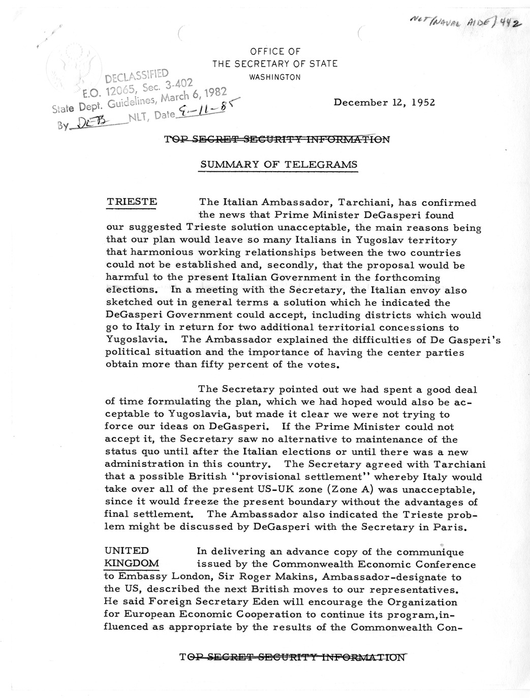 Memorandum, State Department Summary of Telegrams