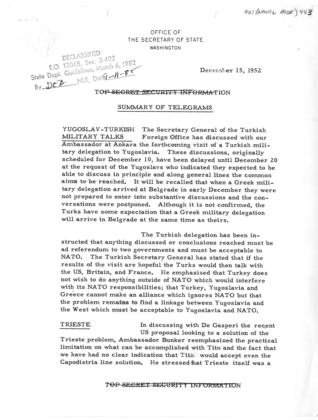 Memorandum, State Department Summary of Telegrams